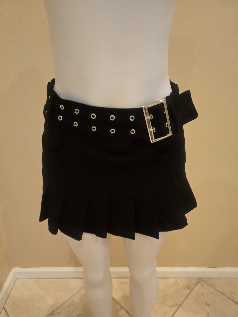 Black Pleated Mini Skirt with Grommet Detail and Buckle
